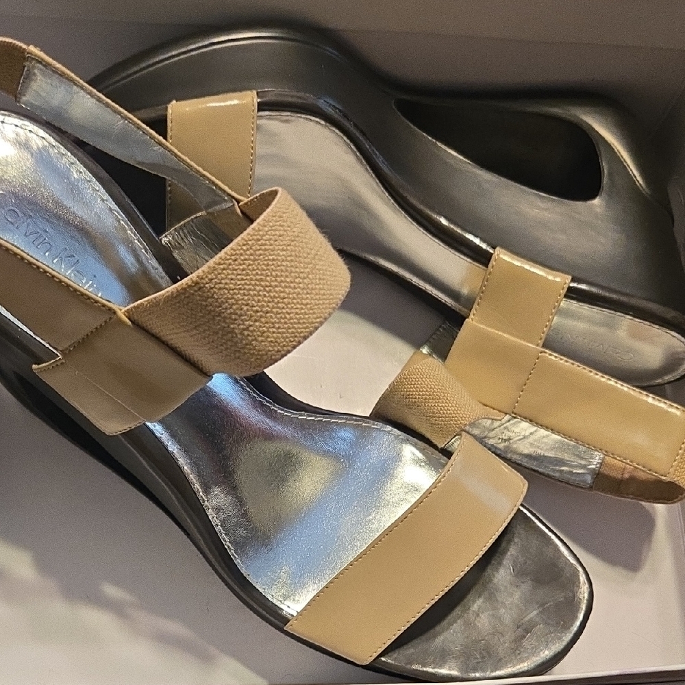 Calvin Klein Cream and Silver Sandals with Modern Design